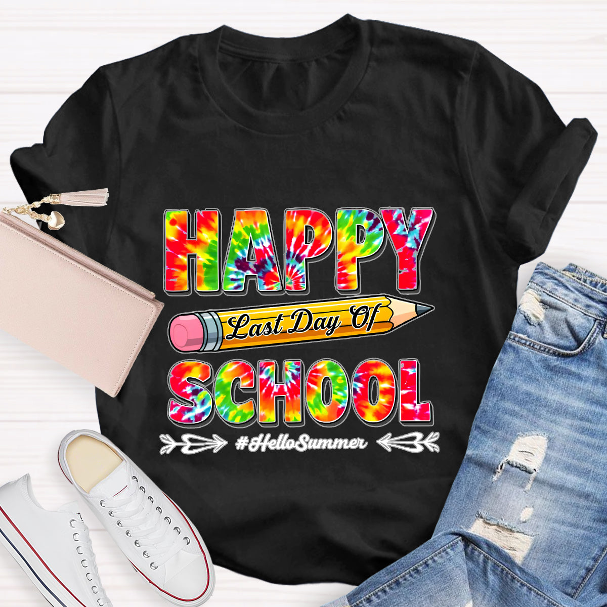 Happy Last Day Of School Hello Summer Colorful Pencil Teacher T-Shirt