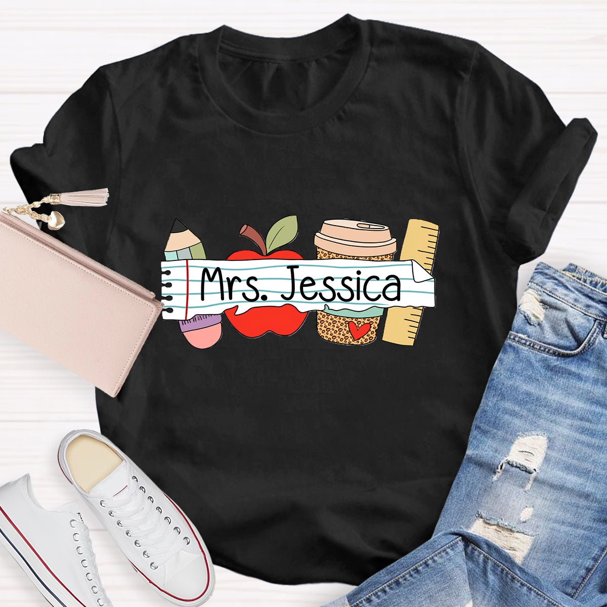 Personalized Teacher's Name Apple Pencil Coffee T-Shirt