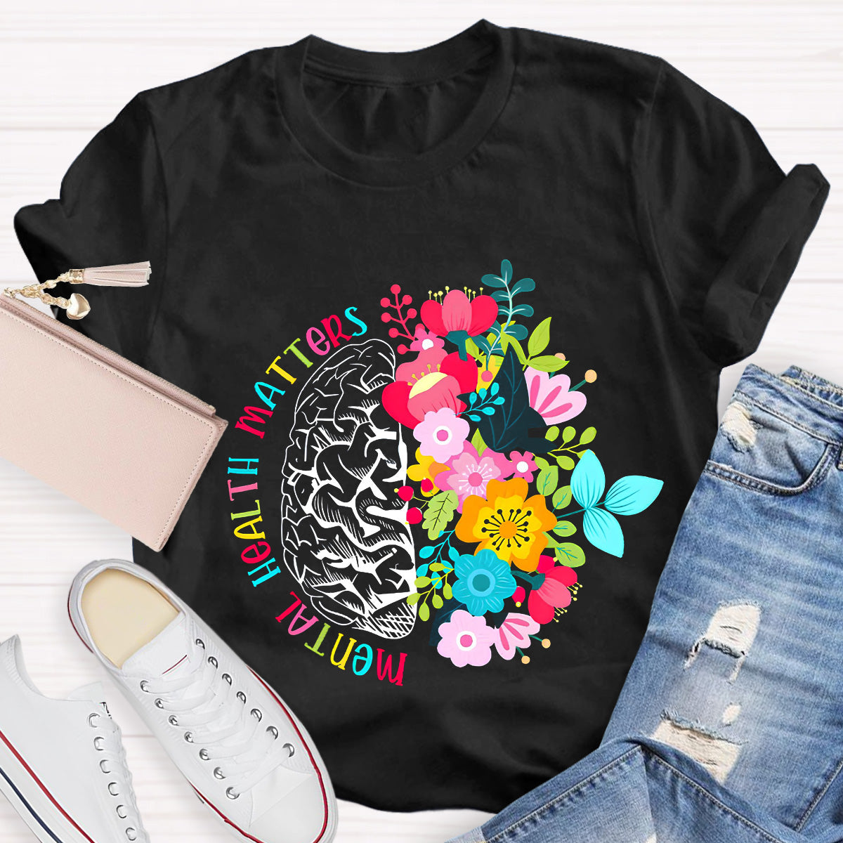 Mental Health Matters Floral Brain Teacher T-Shirt