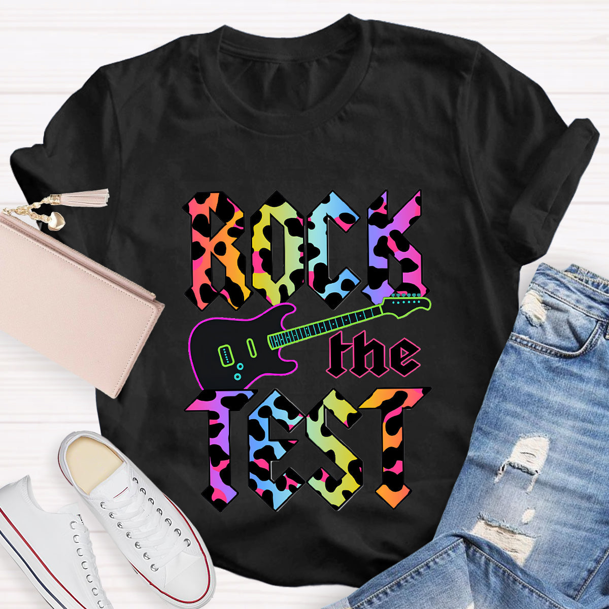 Rock The Test Colorful Leopard Print Teacher T-Shirt