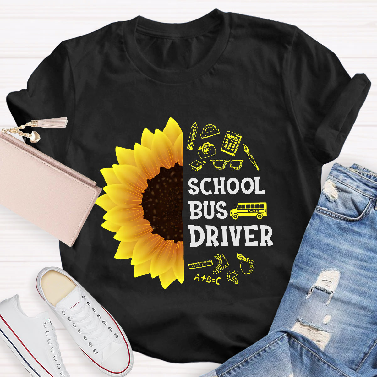 School Bus Driver Sunflower Teacher T-Shirt