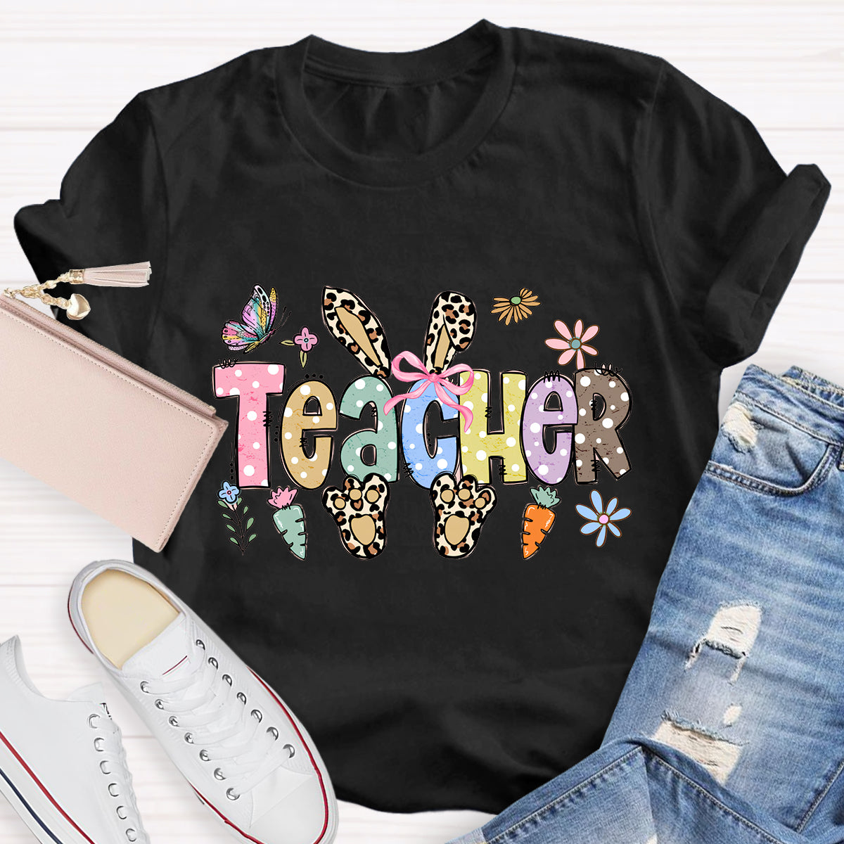 Leopard Happy Easter Bunny Teacher T-Shirt