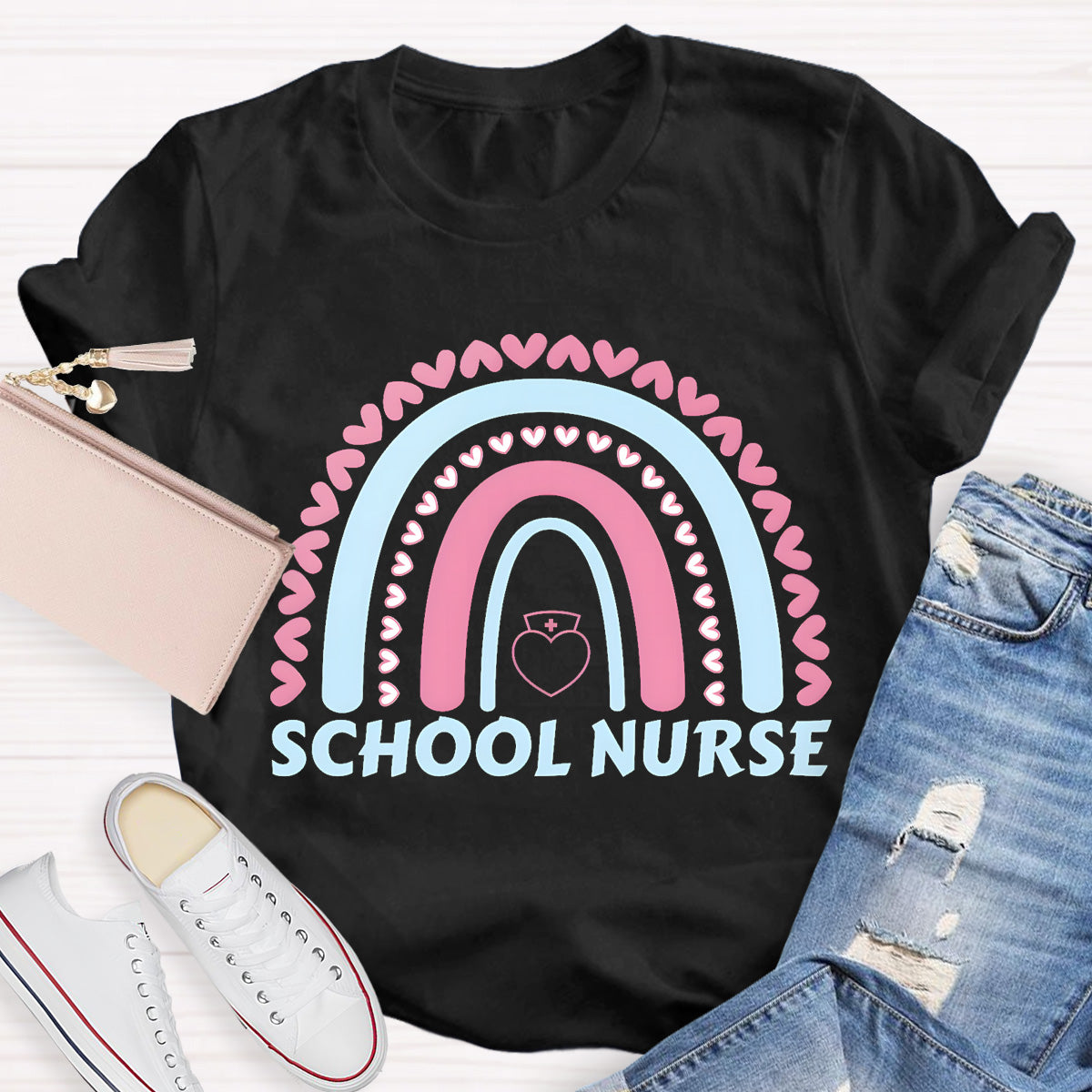 School Nurse Rainbow Pink Heart T-Shirt