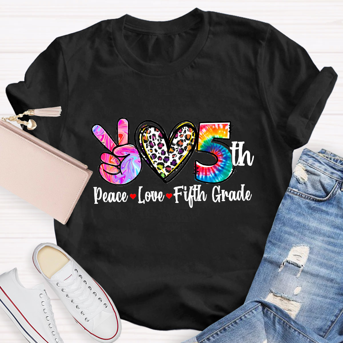 Personalized Grade Peace Love 5th Grade Teacher T-Shirt