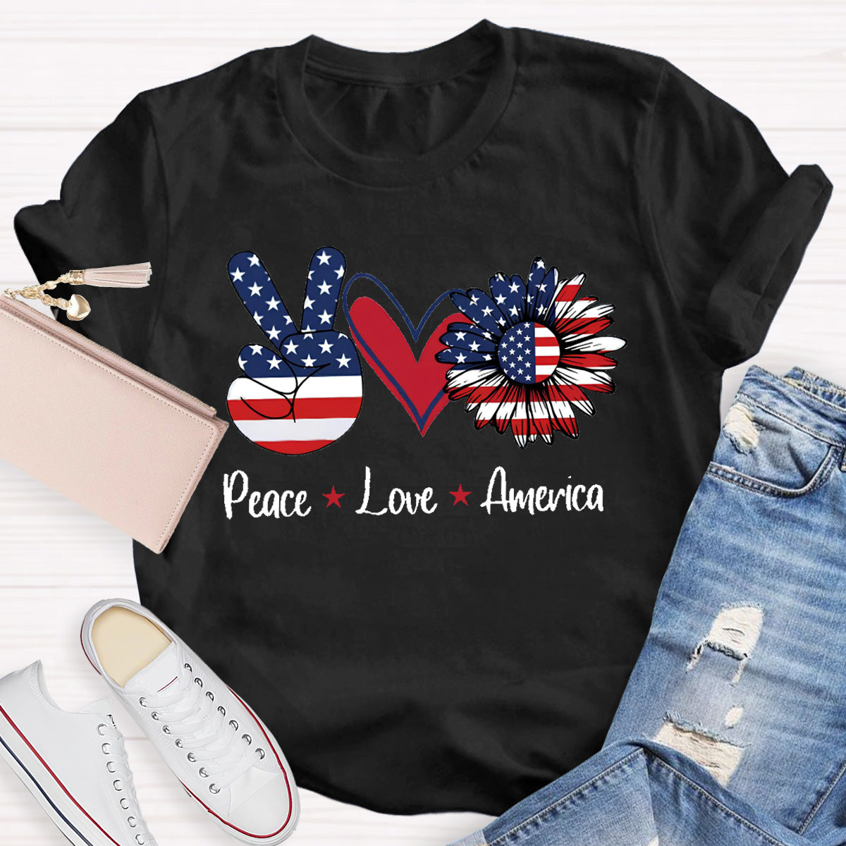 Peace Love America Star Teacher T-Shirt