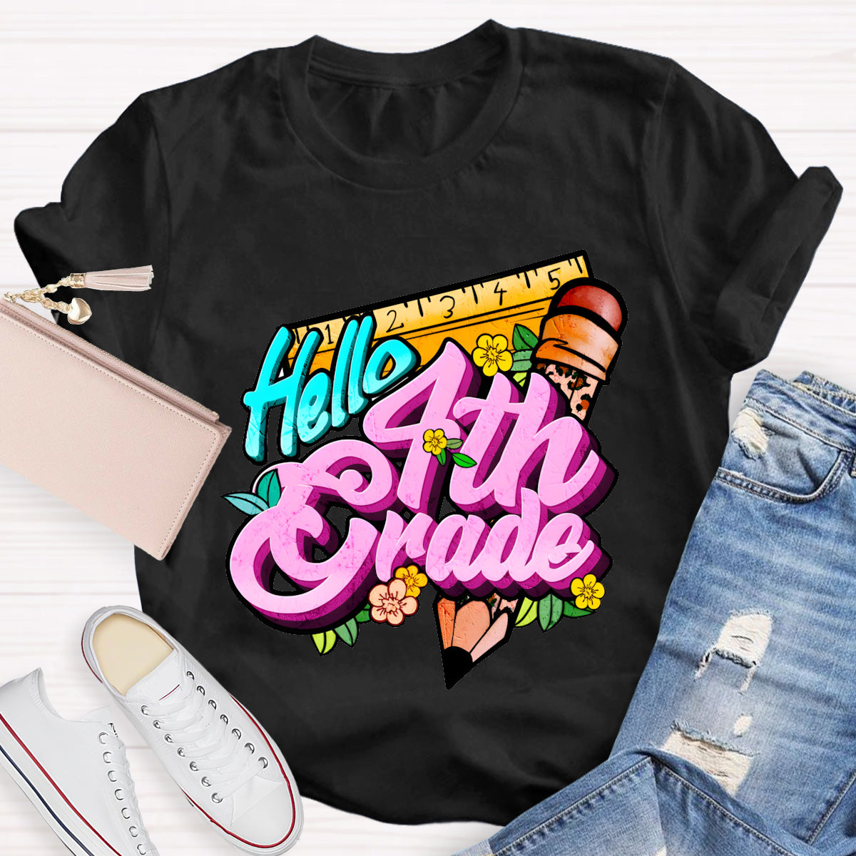 Personalized Grade Hello 4th Grade Back To School Teacher T-Shirt
