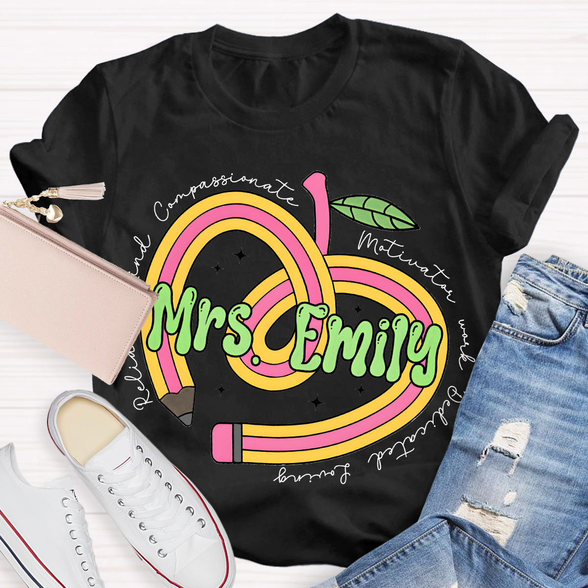 Personalize Name Reliable Kind Compassionate Pink Apple Teacher T-Shirt