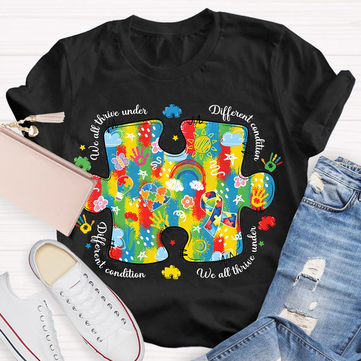 We All Think Under Different Condition Rainbow Puzzle Teacher T-Shirt