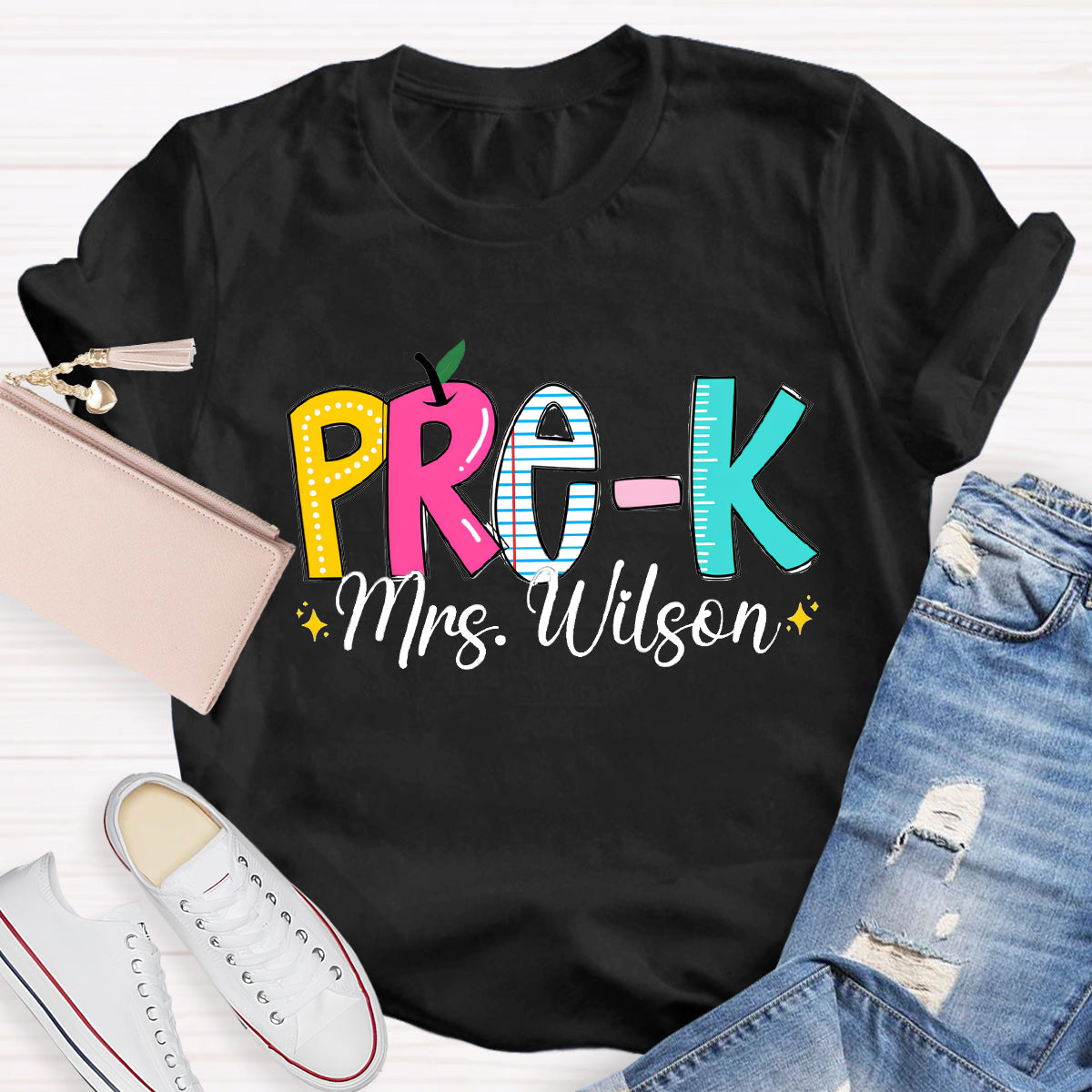 Personalized Grade And Teacher Name Apple Ruler Printed T-Shirt