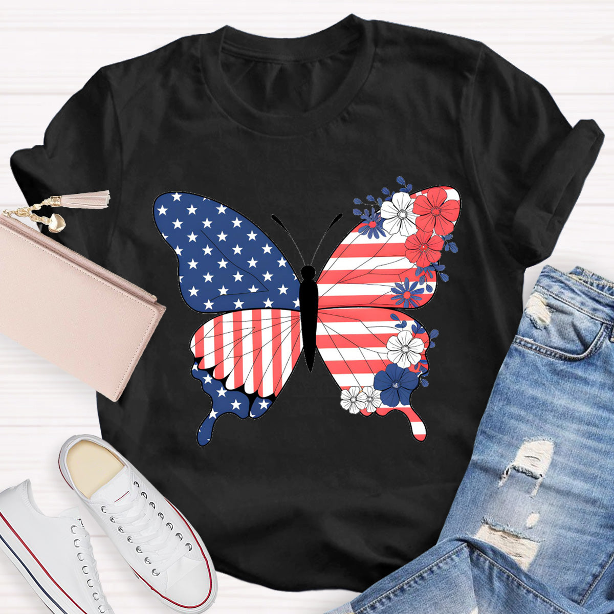 American Flag Butterfly Teacher T-Shirt