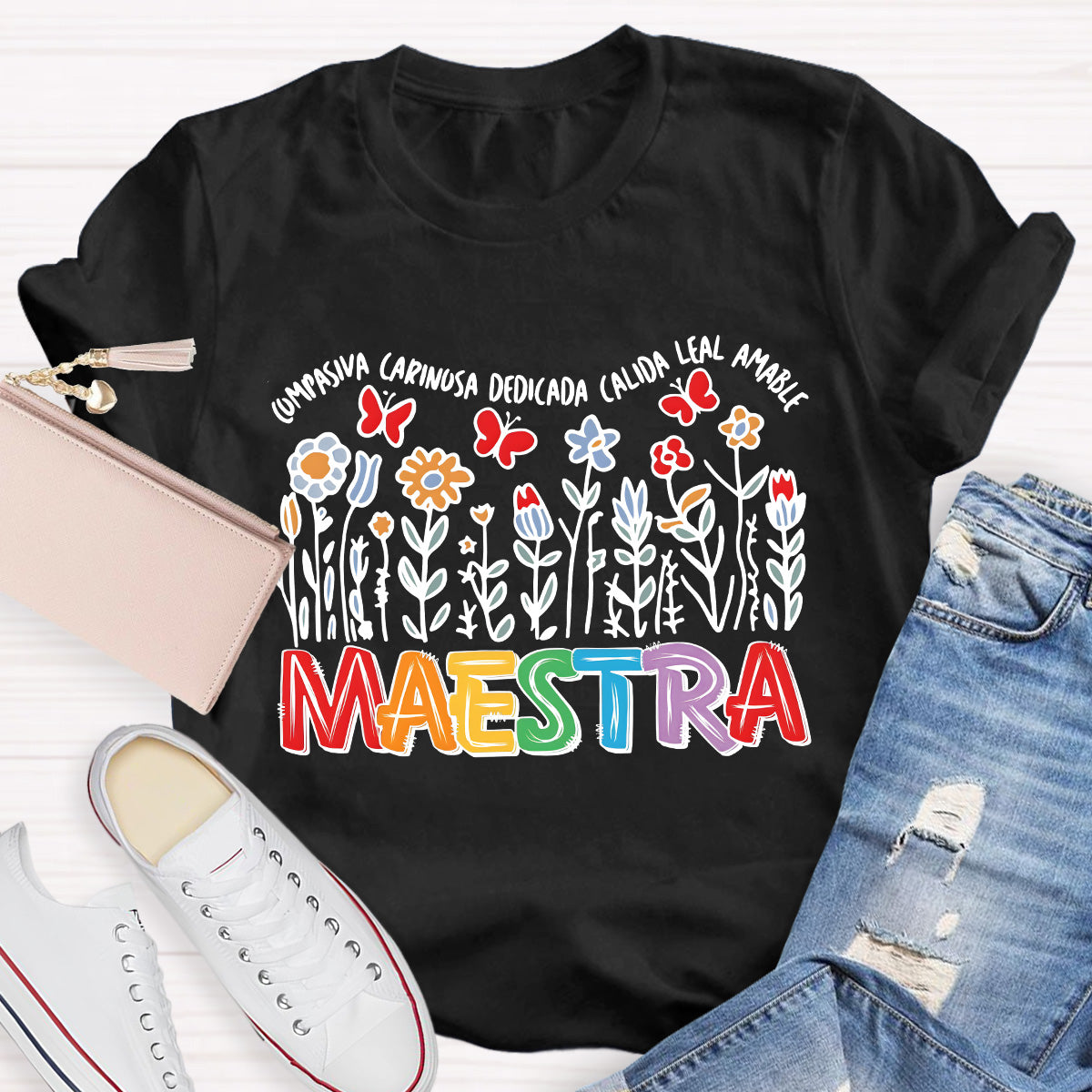 Maestra Butterfly And Flowers Teacher T-Shirt