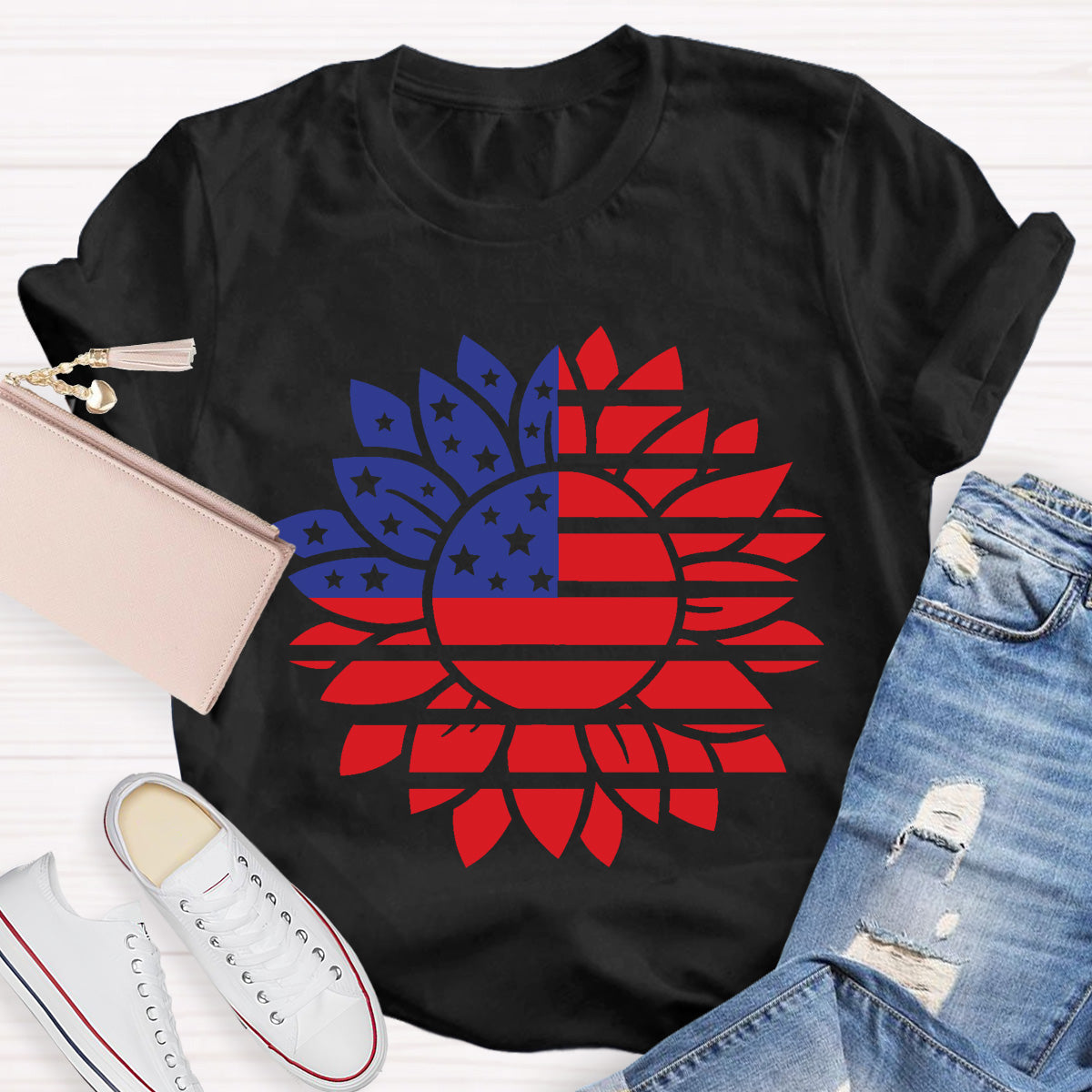 Stars and Stripes Sunflower Teacher T-Shirt