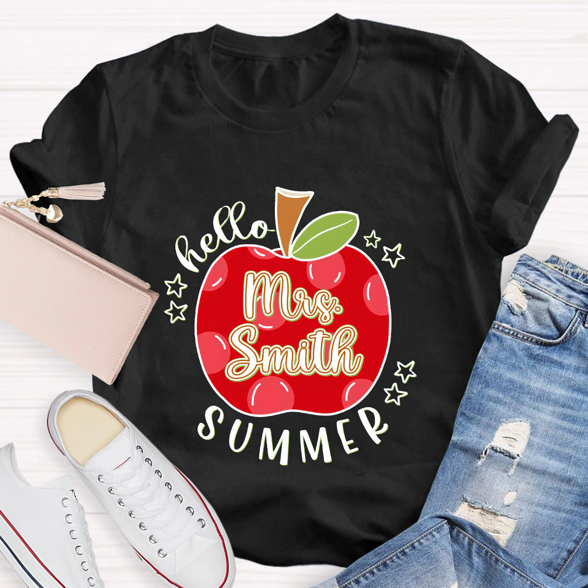 Personalized Name Apple Hello Summer Teacher T-Shirt