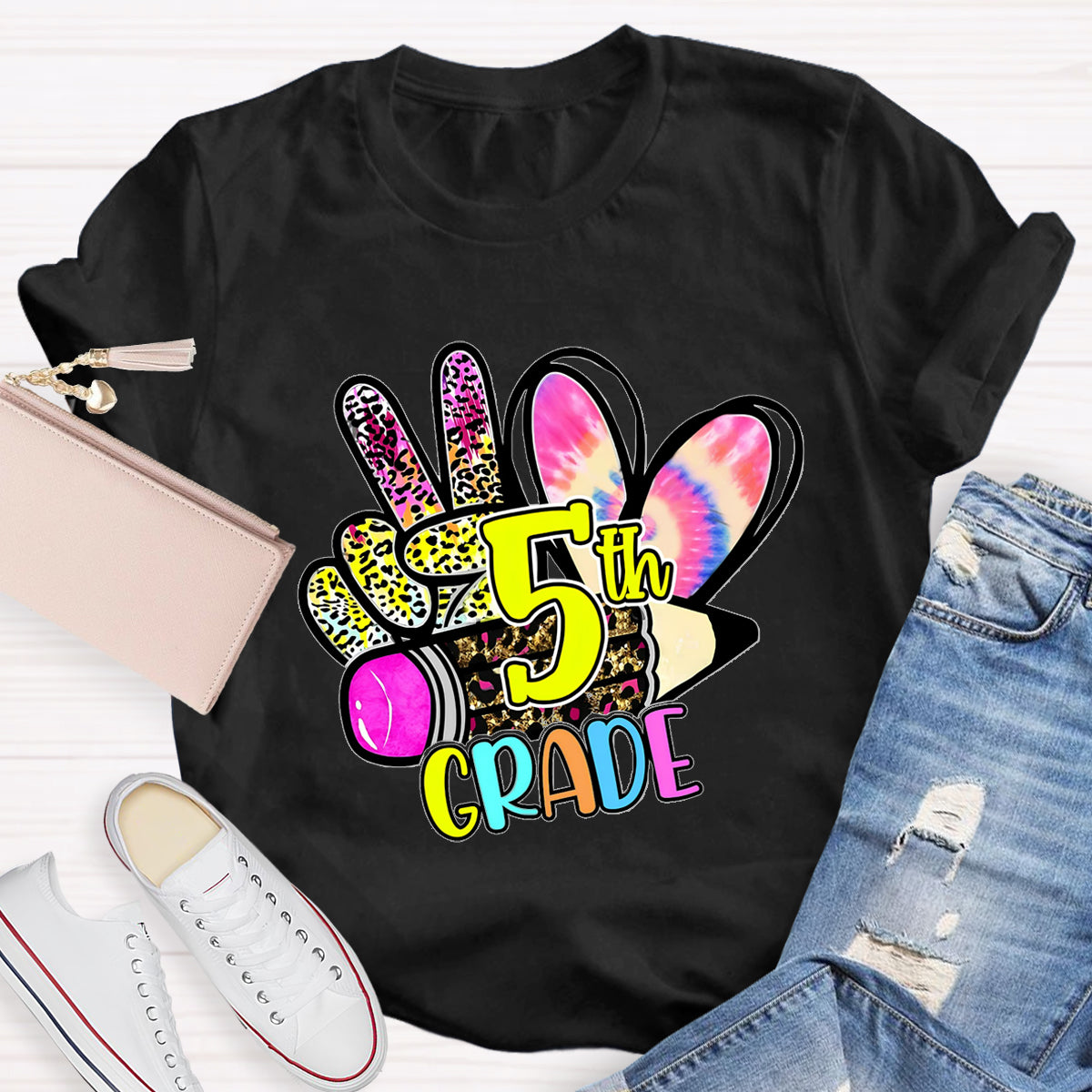 Personalized Grade Colorful Leopard Heart 5th Grade Teacher T-Shirt