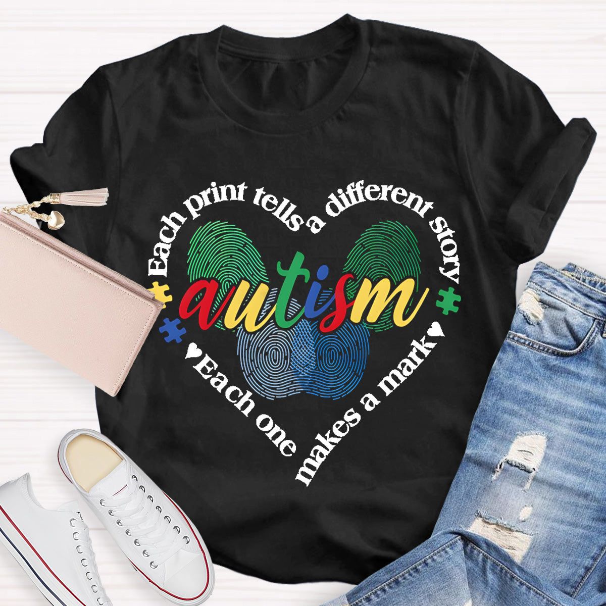 Each Print Tells A Different Story Autism Heart Teacher T-Shirt