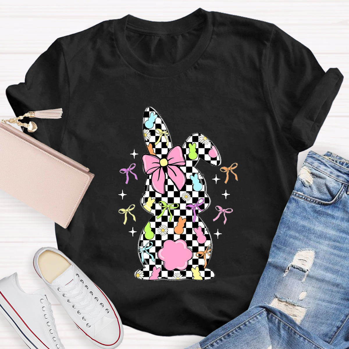 Easter Checkerboard Rabbit Teacher T-Shirt