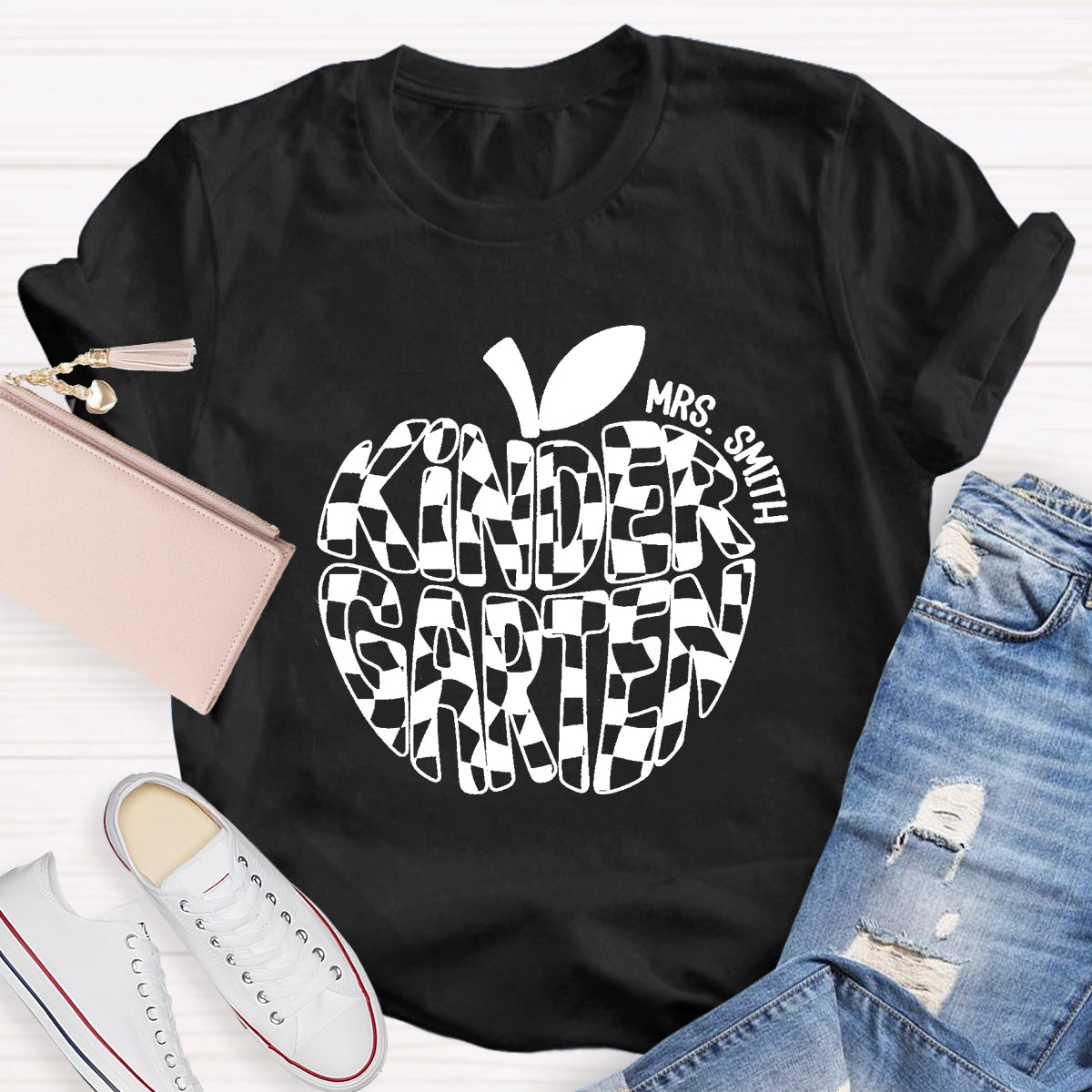 Personalized Name Kinder Garten Teacher Apple T-Shirt