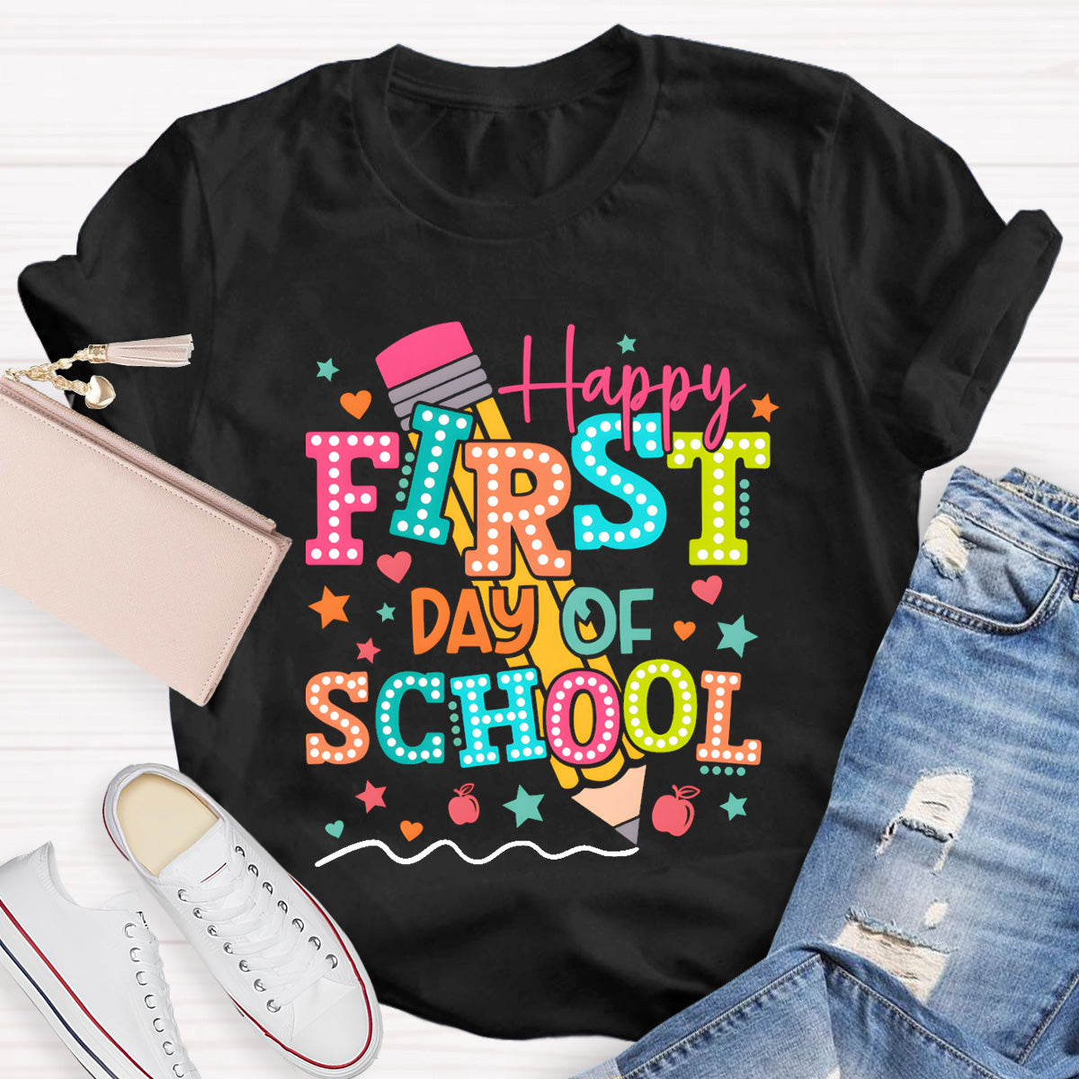 Pencil Dot Happy First Day Of School Teacher T-Shirt