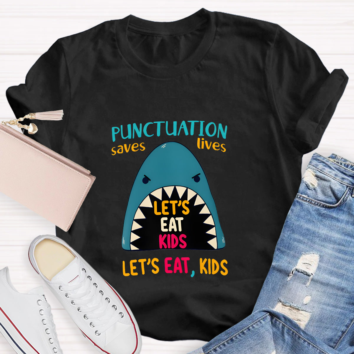 Punctuation Saves Lives The Blue Shark Teacher T-Shirt