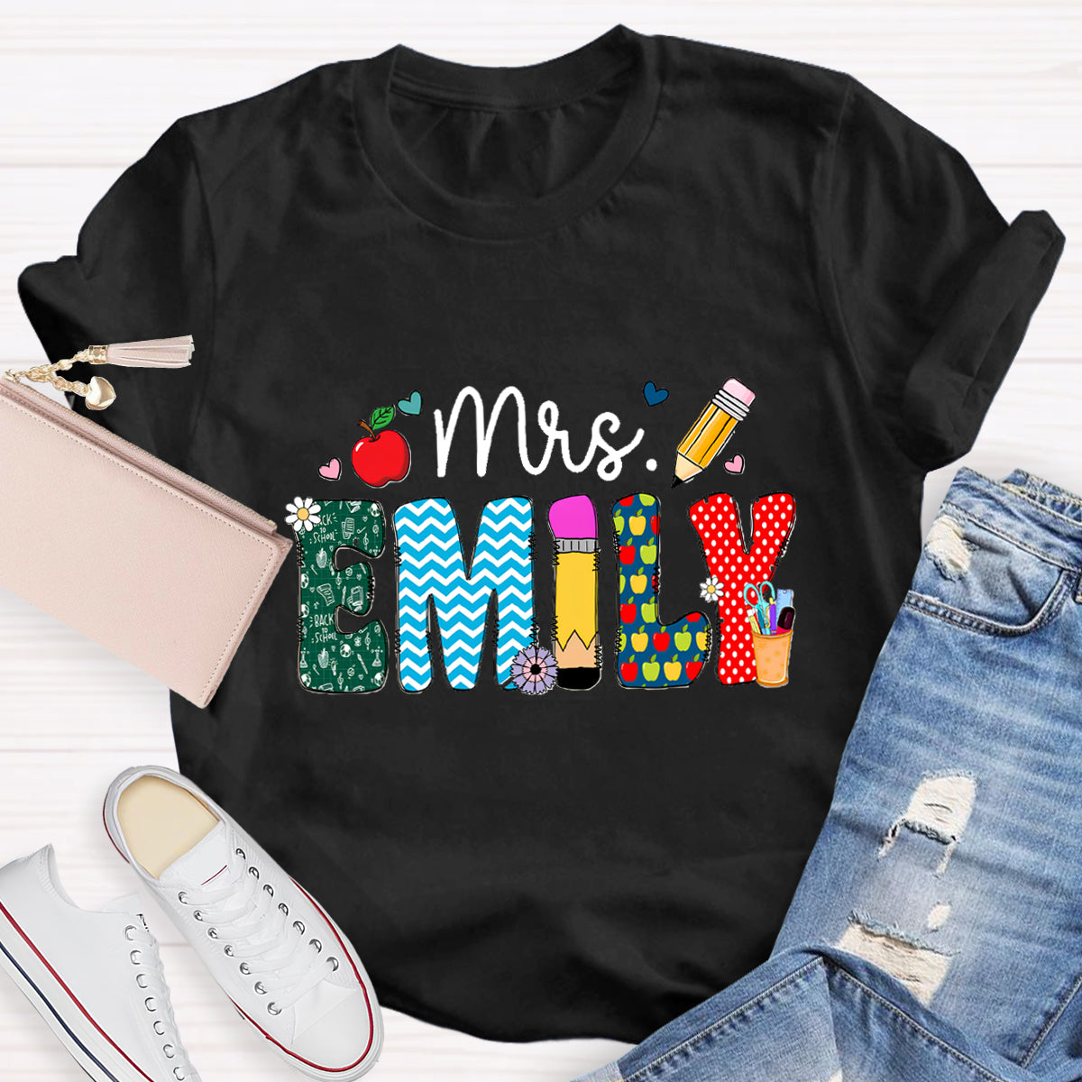 Personalized Name Beautiful Flower Emily Teacher T-Shirt