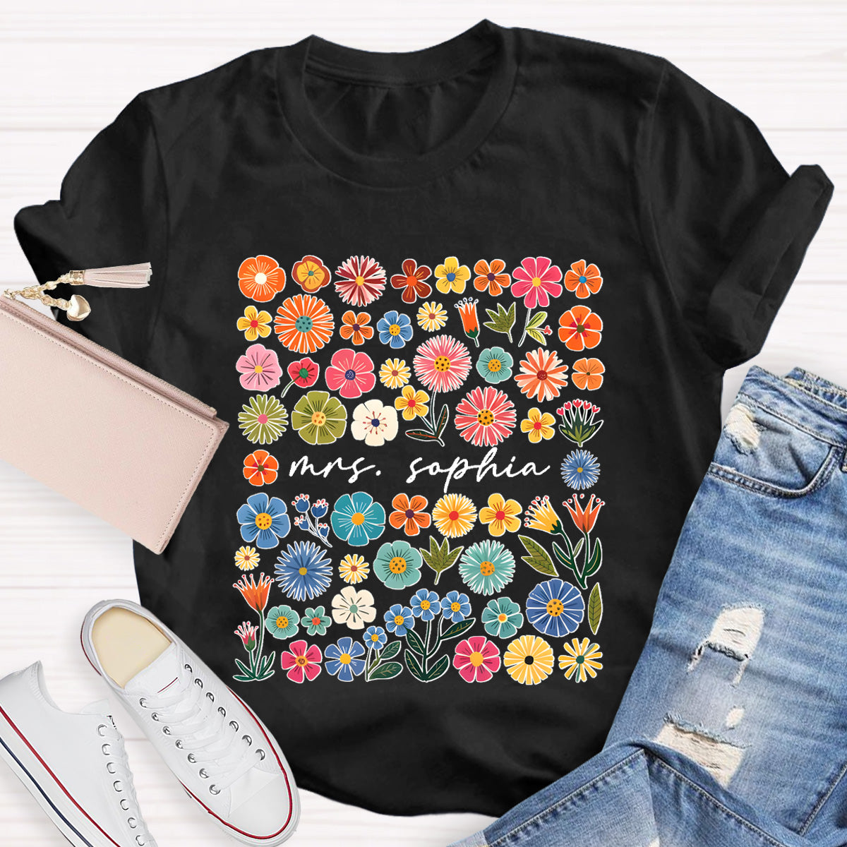 Personalized Name Vintage Florals l Teacher T-Shirt
