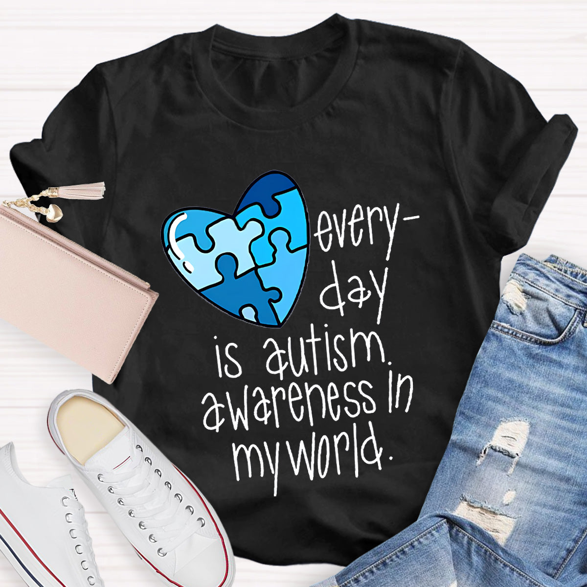 Blue Heart Awareness In My World Teacher T-Shirt