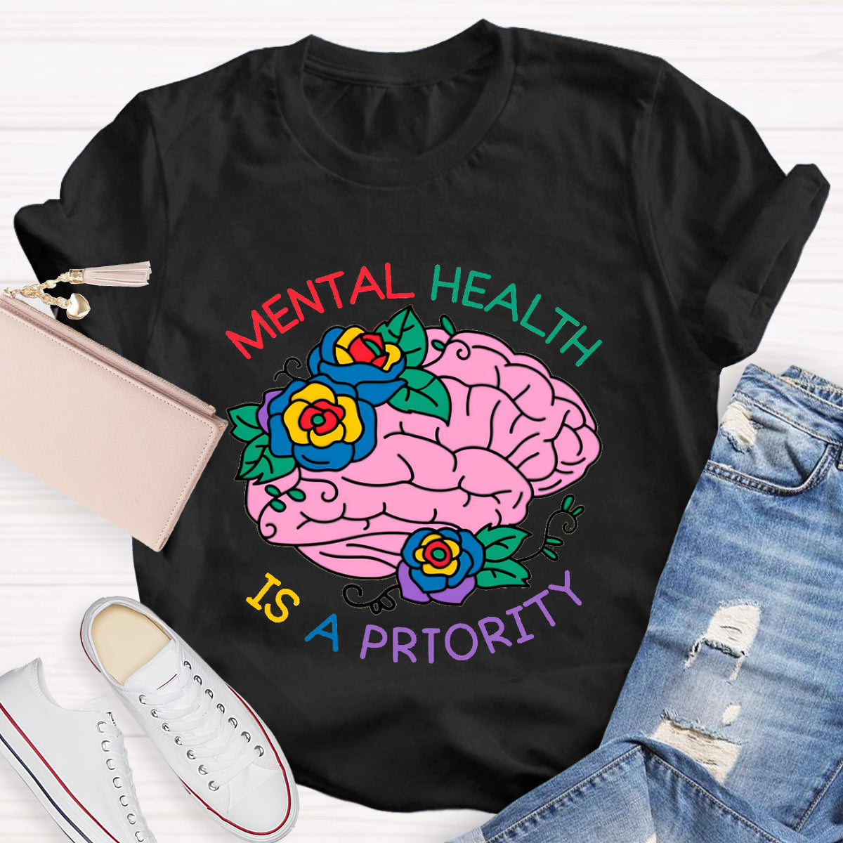 Mental Heath Is A Priority Floral Brain T-Shirt
