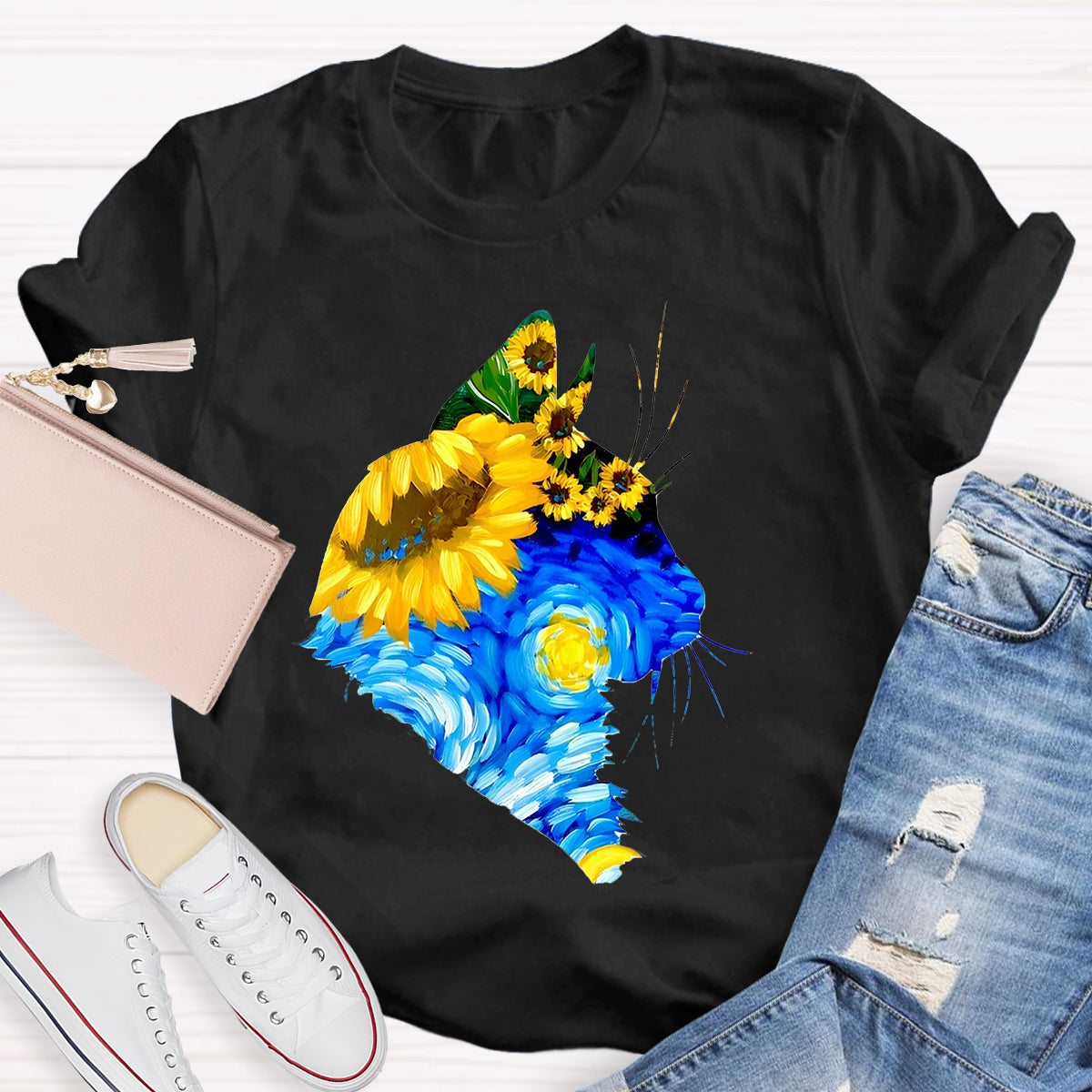 Art Sunflower Cat Teacher T-Shirt