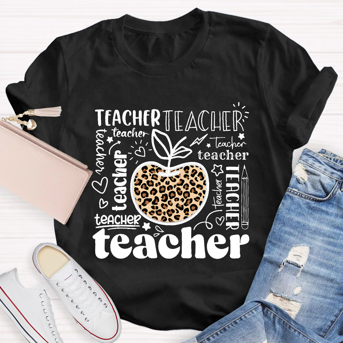 Teacher Various Fonts Various Fonts Leopard Apple T-Shirt