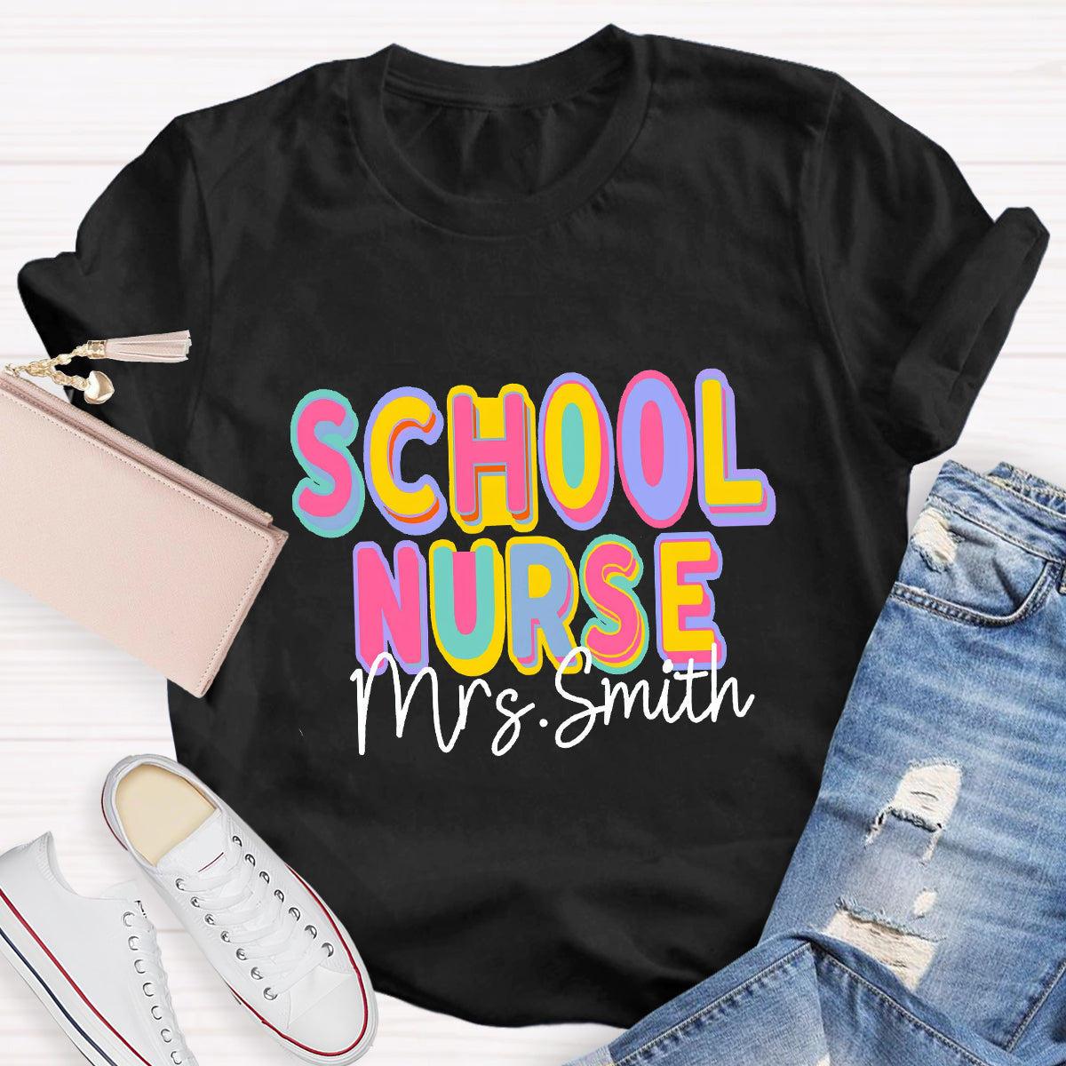 Personalized School Nurse Name Colorful Printed Letter T-Shirt