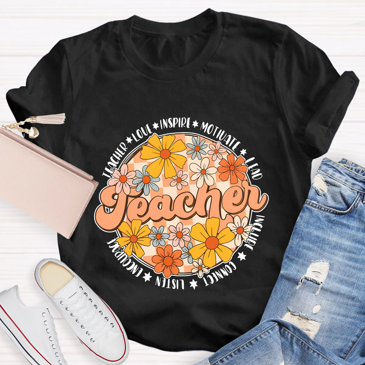 Love Motivate Inspire Floral Teacher T-Shirt