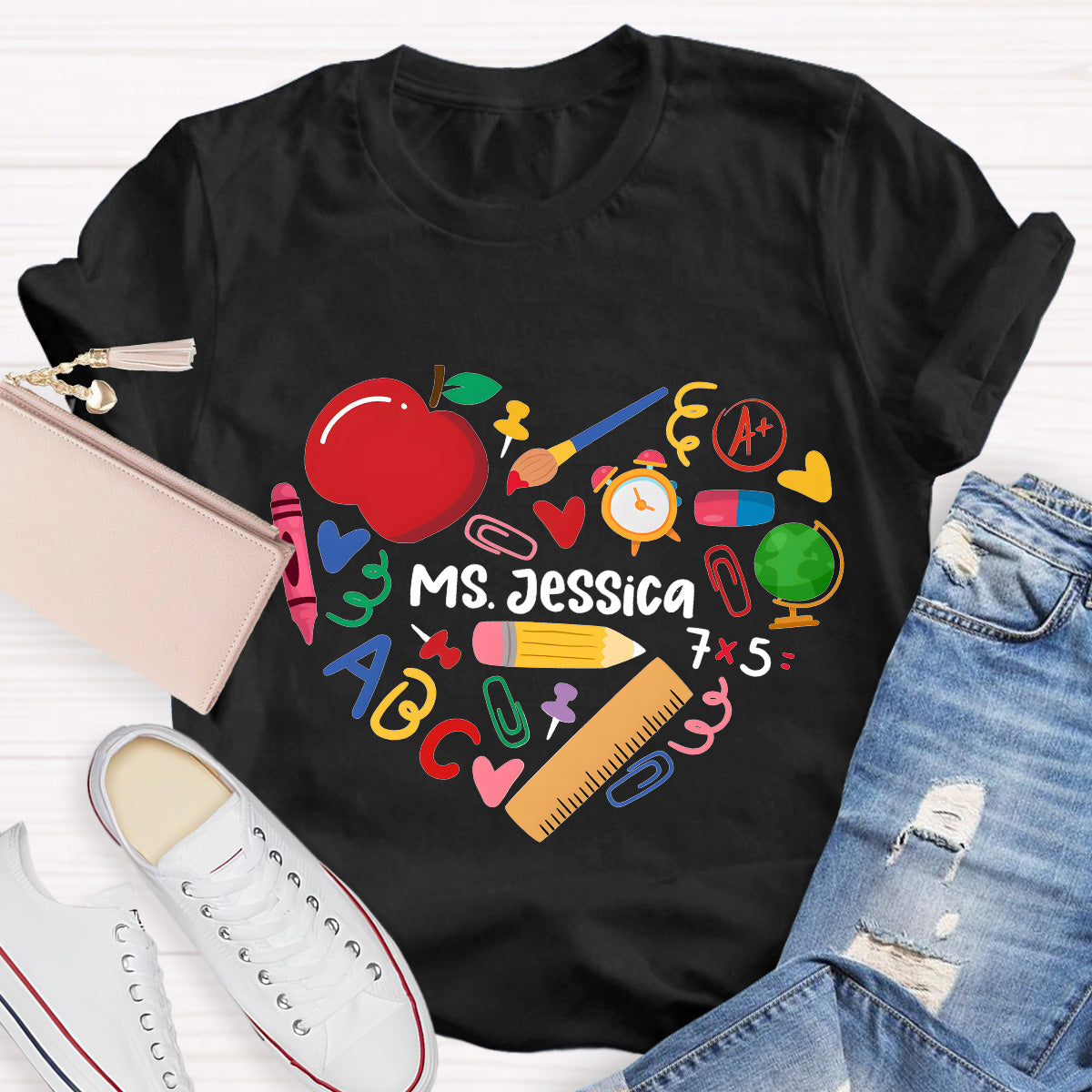 Personalized Name Apple And Heart Teacher T-Shirt