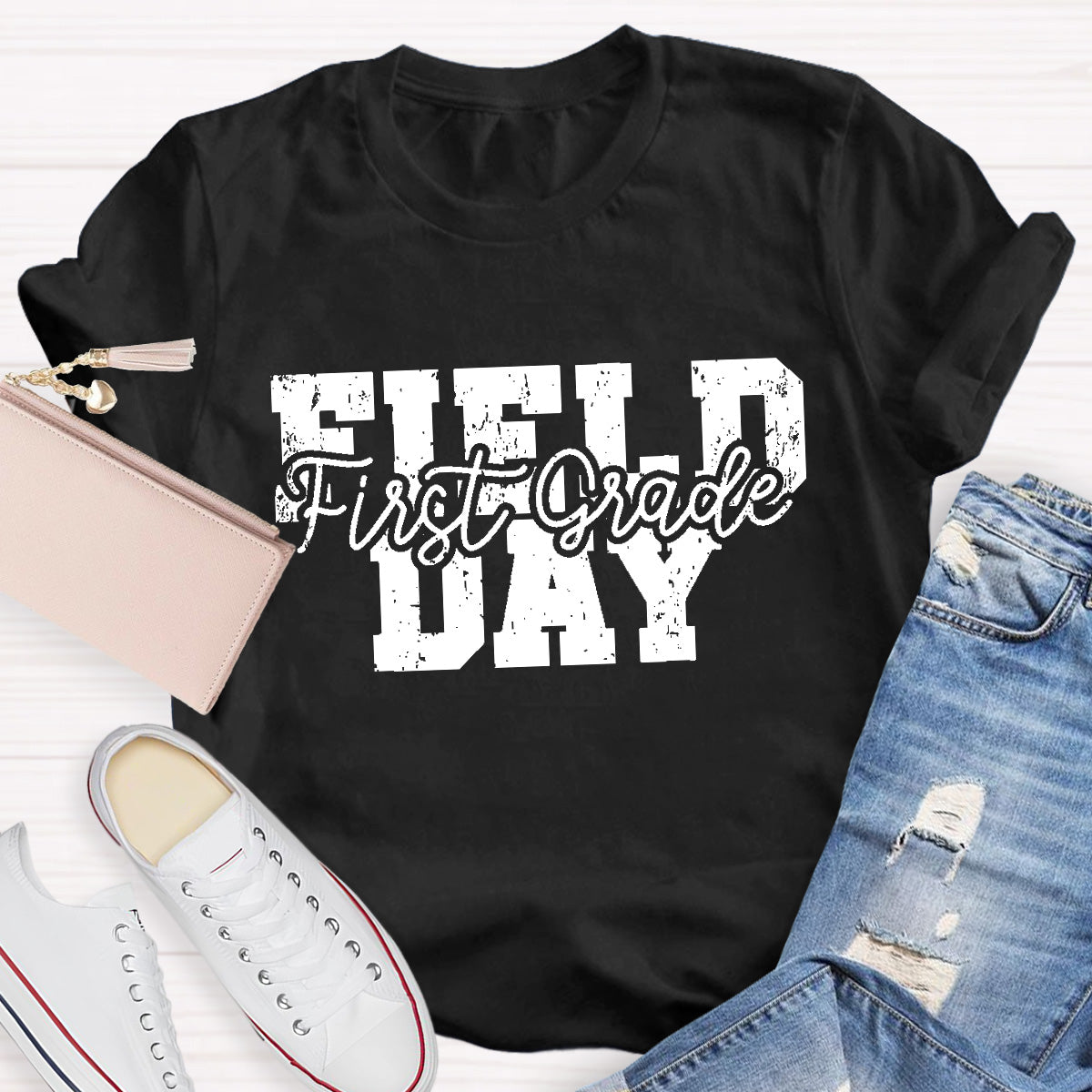 Personalized Grade Field Day Black Letter Teacher T-Shirt