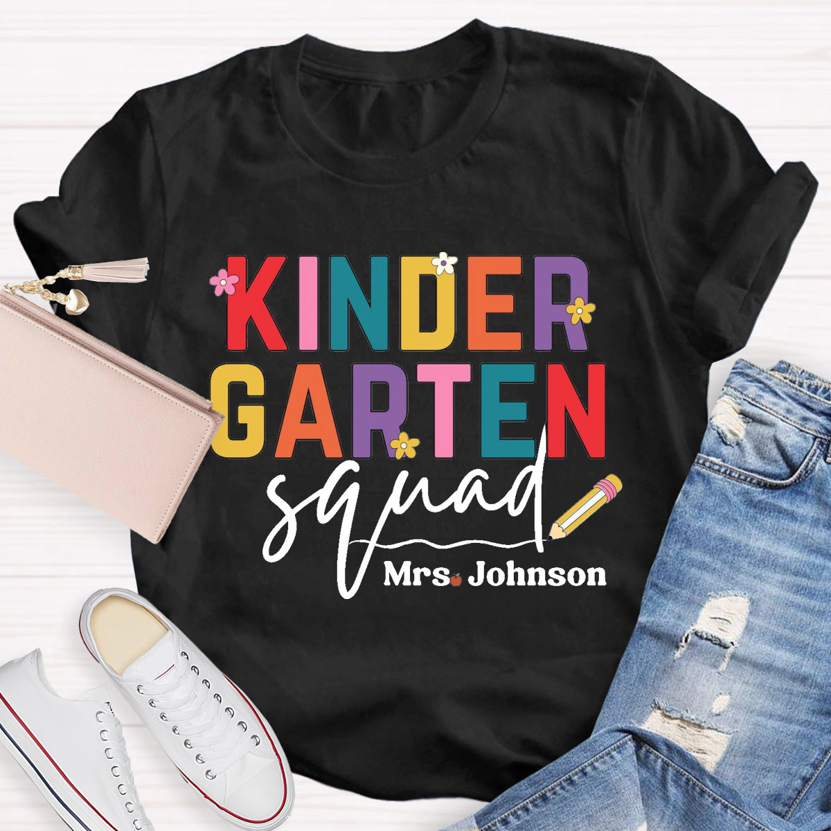 Personalized Grade And Name Teacher Squad Floral Pencil T-Shirt