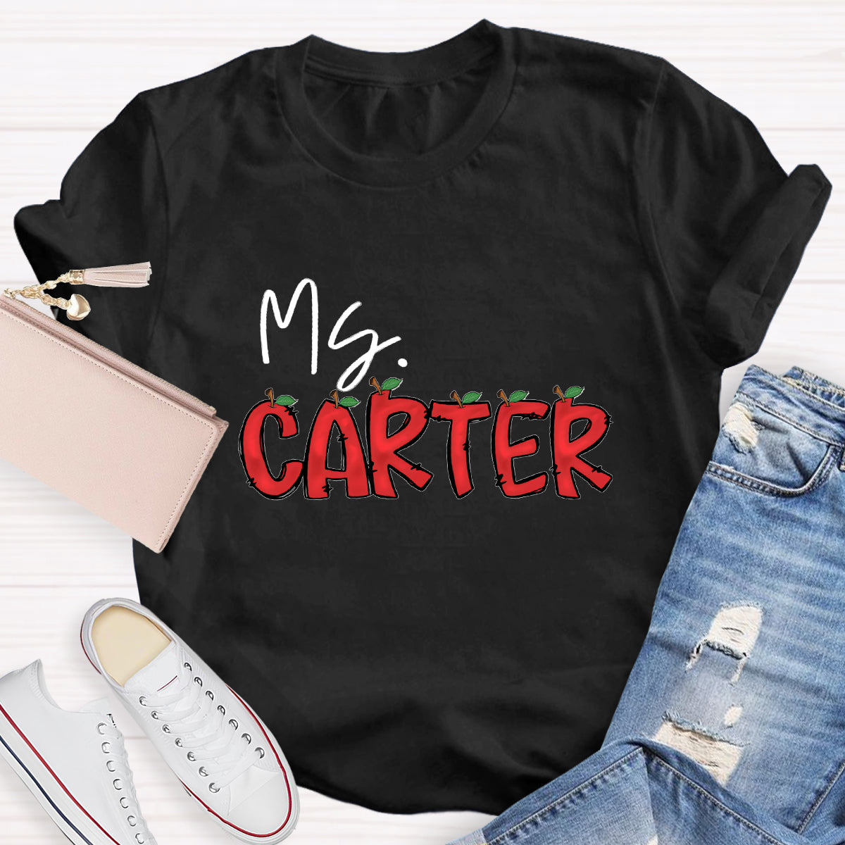 Personalized Teacher's Name Red Apple Letter  T-Shirt