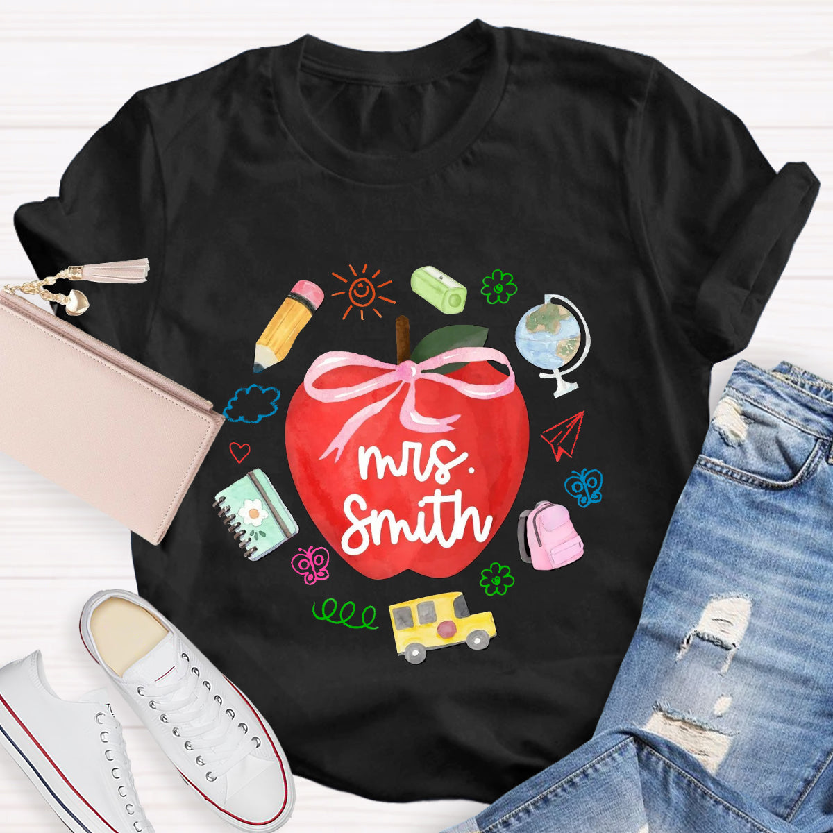 Personalized Name Red Apple Teacher T-Shirt