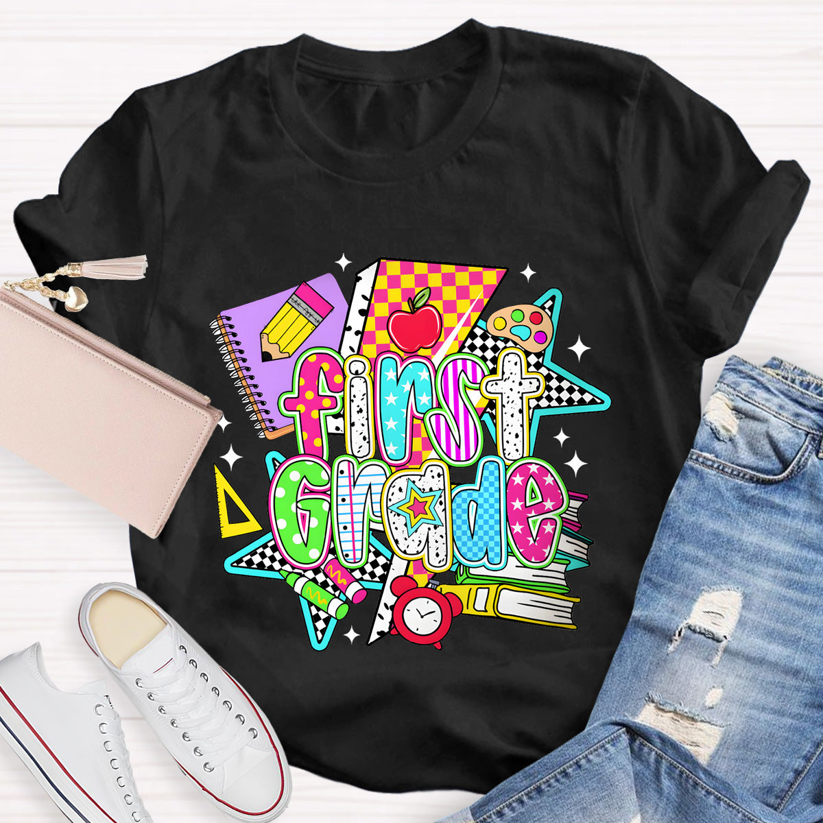 Personalized Grade First Grade Teacher Books Pencil T-Shirt