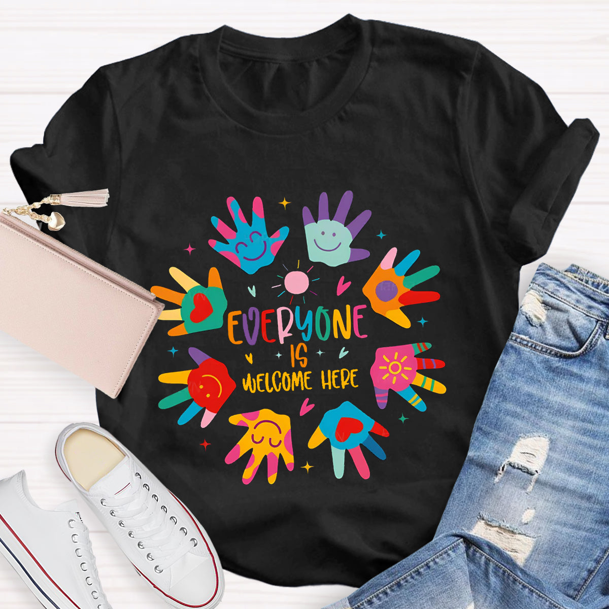Everyone Is Welcome Here Colorful Hands Teacher T-Shirt