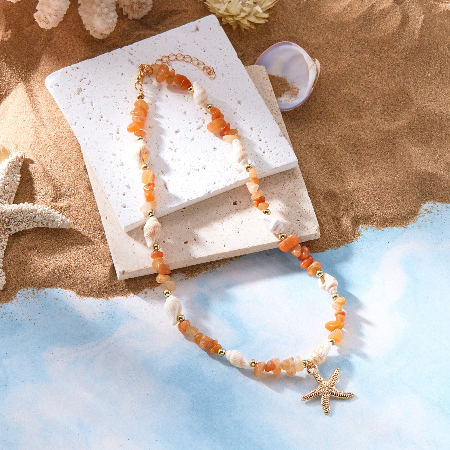 Bohemian-Style Starfish Jewelry Summer Beach-Themed Crushed Stone Starfish And Conch Necklace