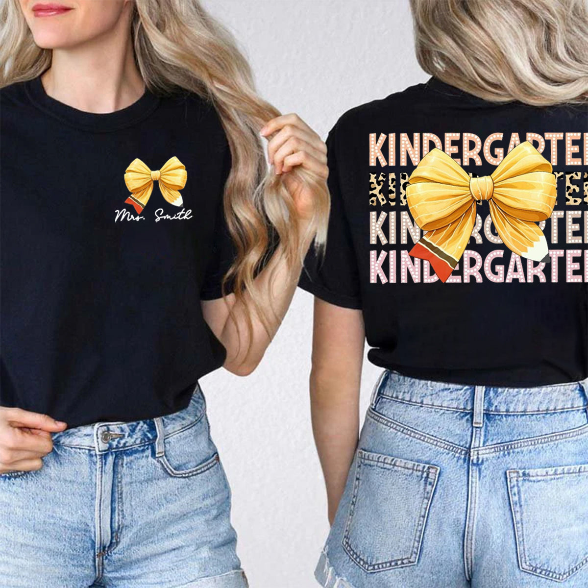 Personalized Grade And Name Pink Bow Double Printed T-shirt