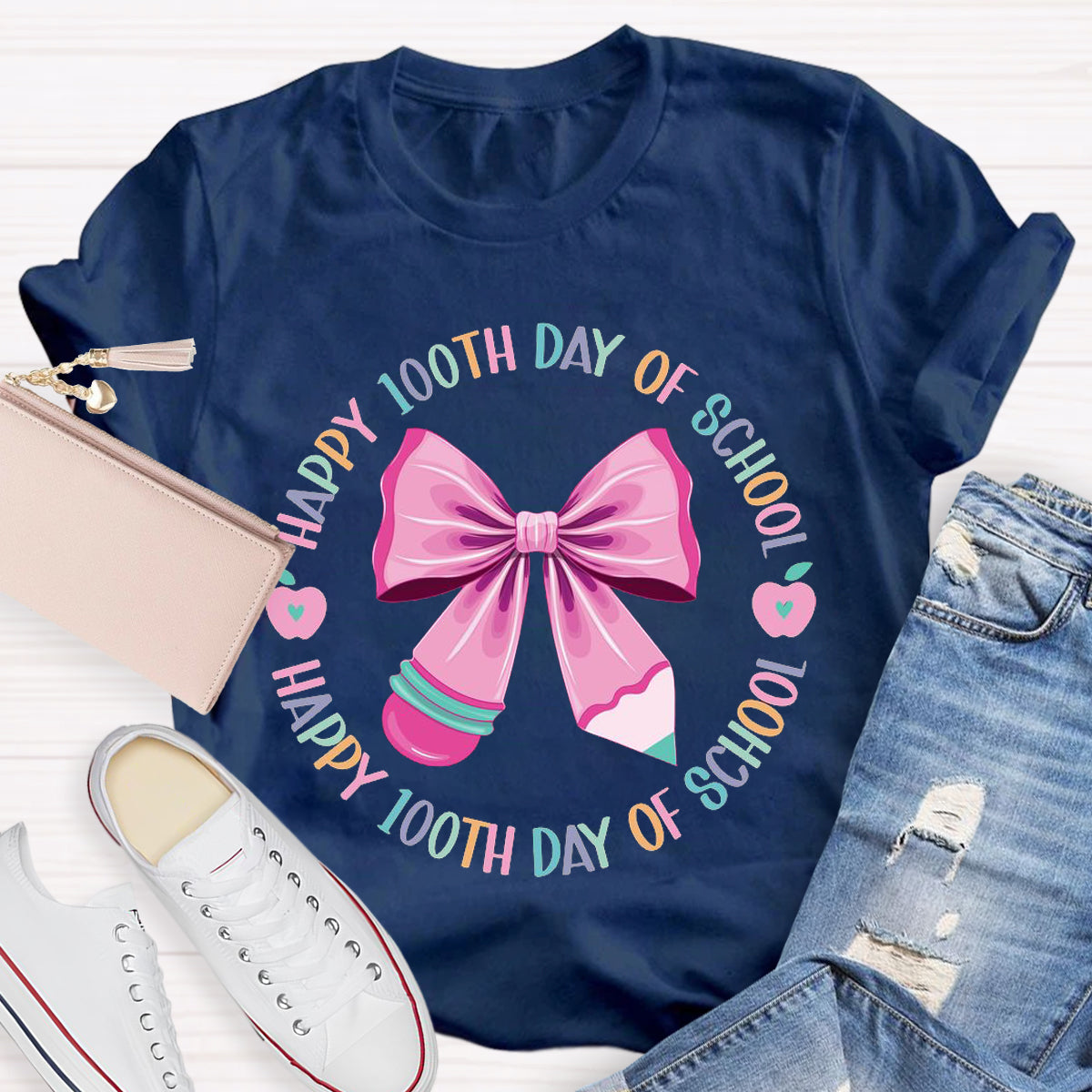 Happy 100th Days Of School Pink Bow Teacher T-Shirt
