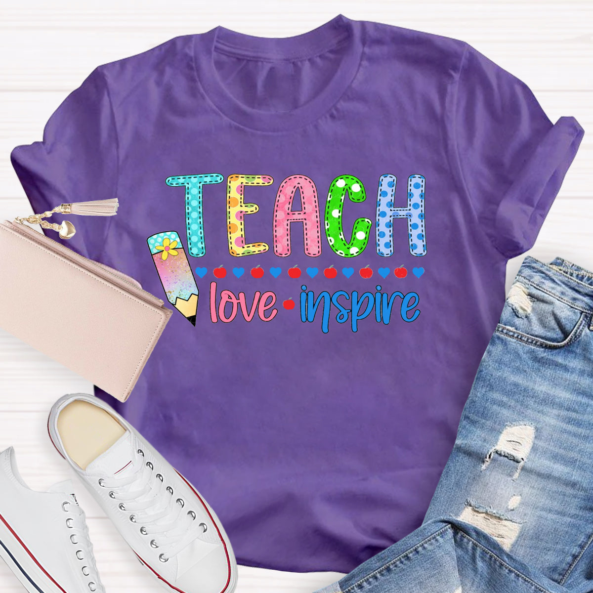 Teach Love Inspire Pencil Apple Printed T-Shirt