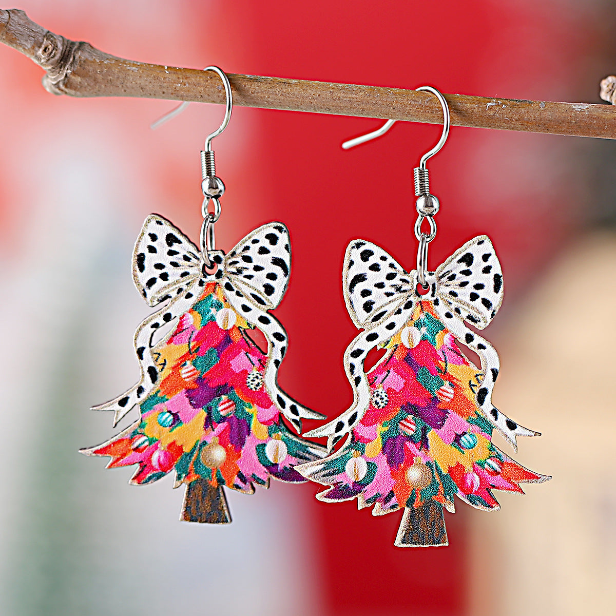 Cow Pattern Bow Christmas Tree Pendant Earrings