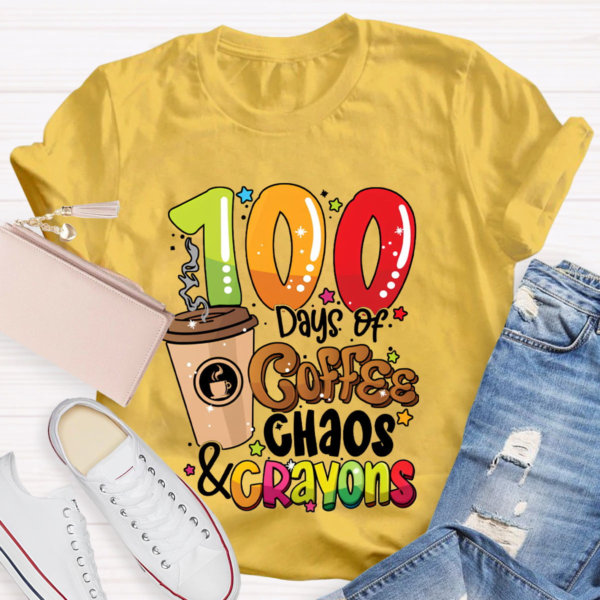 100 Days Of Coffee Chaos And Crayons T-shirt