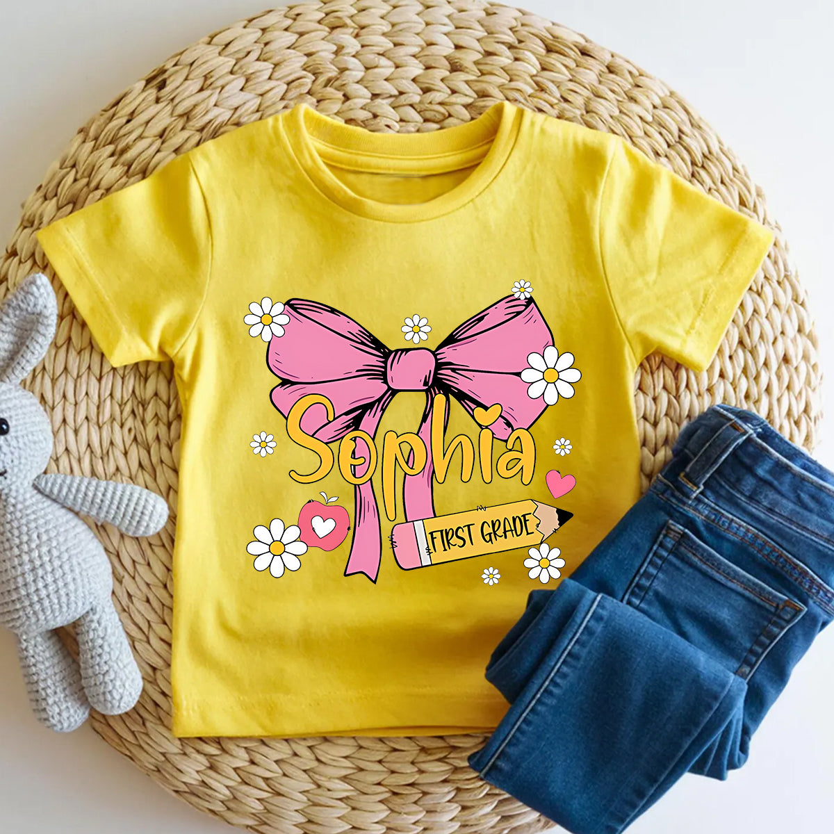 Personalized Name And Grade Bow Kindergarten Toddler T-shirts