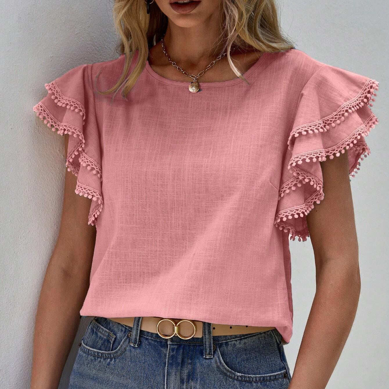 Round Neck Shirt With Ruffles And Batwing Top