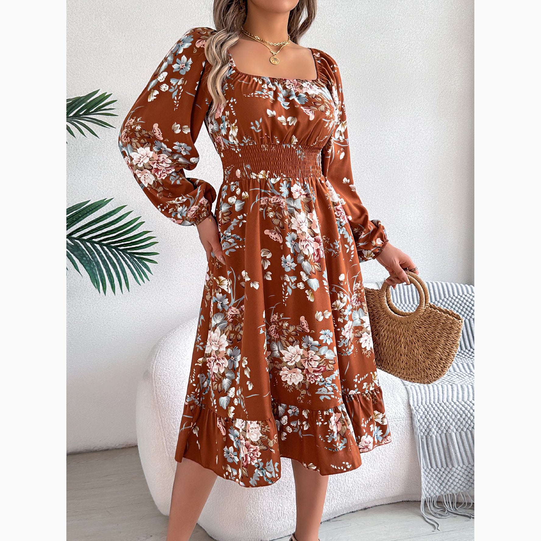 Floral Long-Sleeved Fitted Waist A-Line Skirt With Ruffles