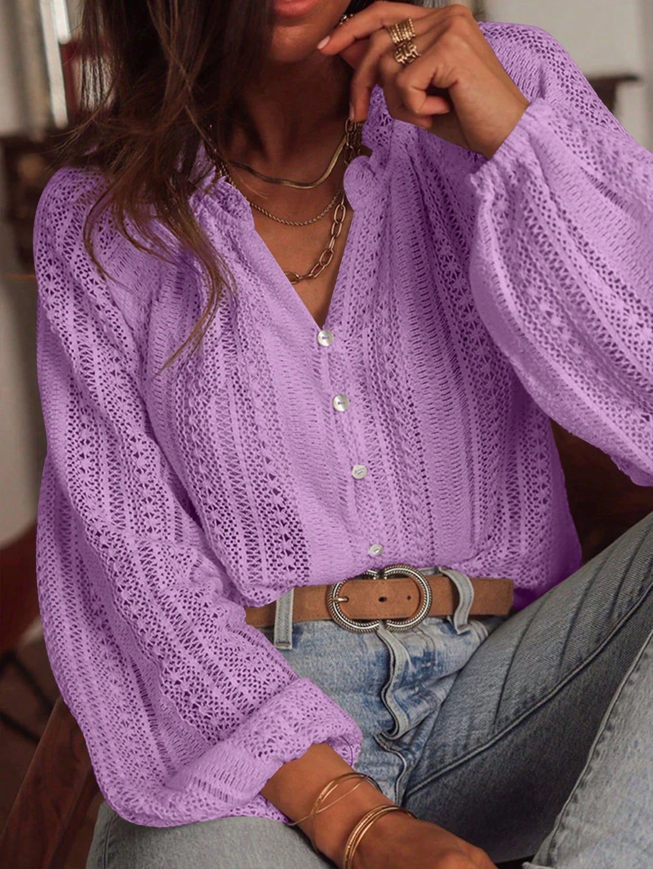 Hollow-Out Lace V-Neck Single-Breasted Long-Sleeved Shirt
