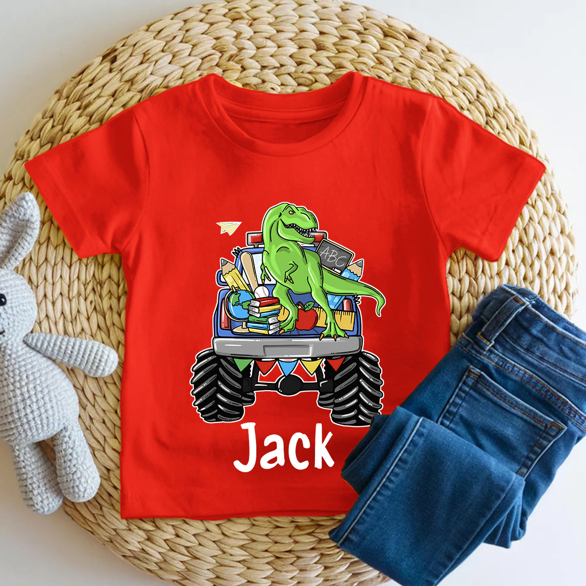 Personalized Name Dino Monster Truck School Run Toddler T-shirts