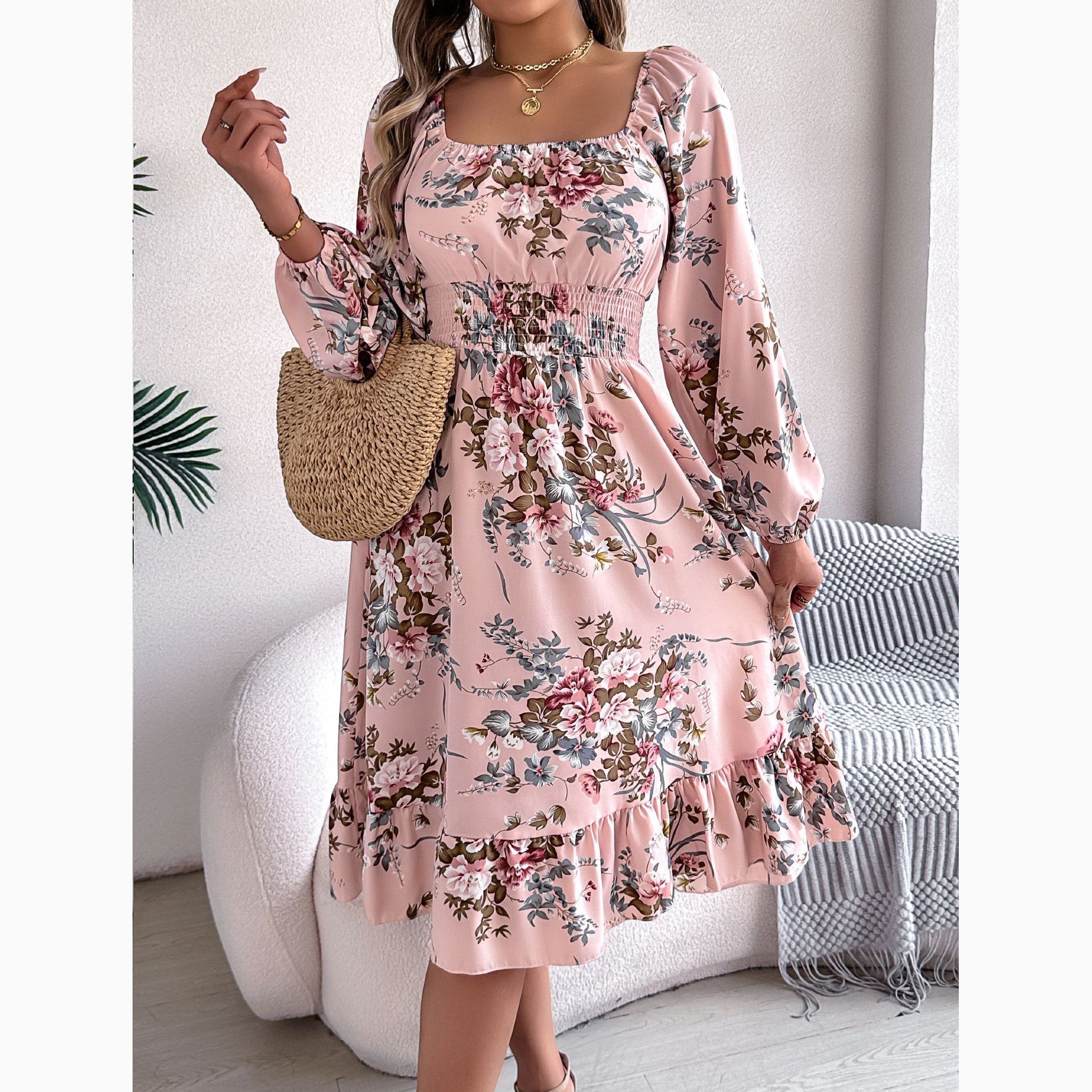 Floral Long-Sleeved Fitted Waist A-Line Skirt With Ruffles